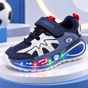 Pantofi sport cu luminite, Model Super Confy, Textil si Piele ecologica, Baieti, Bleumarine