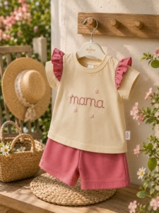 Set 2 piese Donino cu broderie florala mama si maneci cu volanase, roz