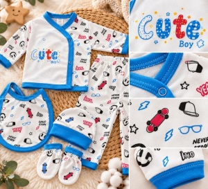 Set nou-născut băiețel 5 piese, alb cu albastru, imprimeu Cute Boy, bluză, pantaloni, căciuliță, bavetă și mănuși - Img 3
