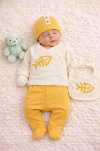 Set Serde Baby cu imprimeu pești – 5 piese din bumbac, galben