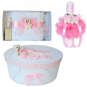 Set trusou botez, cutie trusou si lumanare, Ursulet, dantela roz, Denikos® 467