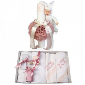 Trusou botez cu mesaj si lumanare cu iepuras, decor dusty rose, Denikos® 545