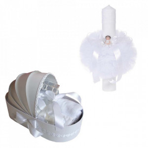 Trusou botez in landou si lumanare cu ingeras, decor alb Denikos® 110