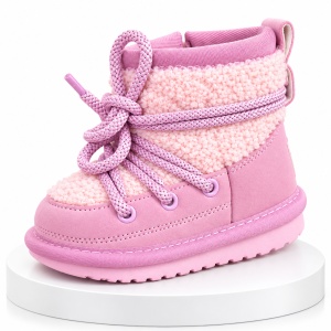 Cizme roz imblanite pentru fete SuperBaby din piele ecologica, talpa cauciuc, cu siret si fermoar, peste glezna, casual
