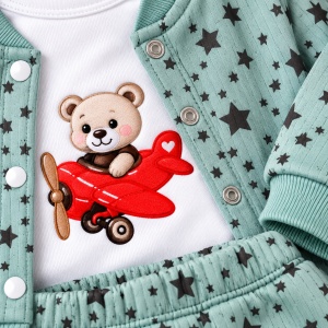 Costum bebe băieți 3 piese verde cu imprimeu stelute și ursuleț din bumbac moale Superbebe Shop (2) - Img 3