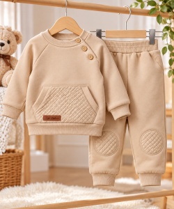 Costum vatuit bebeluși băieți 2 piese bej bumbac moale cu hanorac și pantaloni cu genunchere Superbebe Shop - Img 2