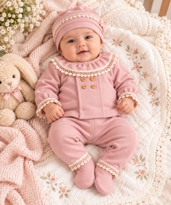 Costumas bebelusi fete 5 piese roz pudra cu dantela, bumbac 100% Superbebe Shop - Img 2