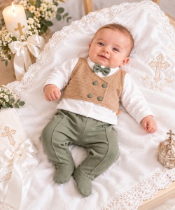 Costumas botez baieti 5 piese bej cu verde, camasa, pantaloni si papion, bumbac 100%