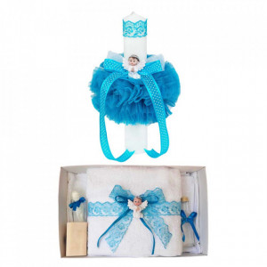 Lumanare botez glob cu ingeras si trusou botez dantela, decor Turcoaz, Denikos® 613
