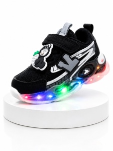 Pantofi sport cu lumini LED, Model accesoriu cu ursulet, Piele ecologica, Negru - Img 3