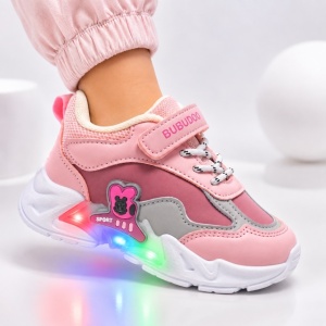 Pantofi sport cu luminite, Model Bubudoo, Piele ecologica, Fete, Roz