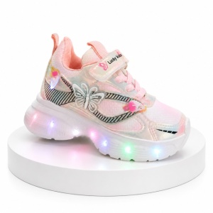 Pantofi sport cu luminite, Model Fluturas, Piele ecologica, Fete, Roz - Img 3