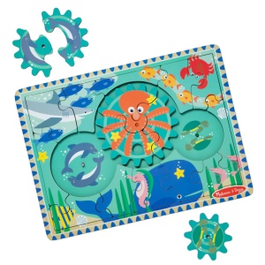Puzzle educativ din lemn, cu rotite dintate, Oceanul, 8 piese, pentru copii 3 ani+, Melissa&Doug 31003
