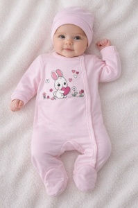 Salopeta bebe fete roz deschis iepuras inimioara bumbac cu caciula