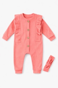 Salopeta bebe fetite bumbac rib roz coral cu nasturi si bentita set - Img 2