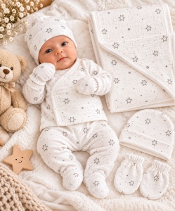 Set bebeluși din 5 piese alb cu model stelute, bumbac 100%