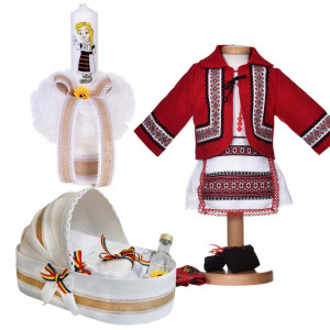 Set costum national fetita, trusou botez landou si lumanare, decor traditional, Denikos® 1058