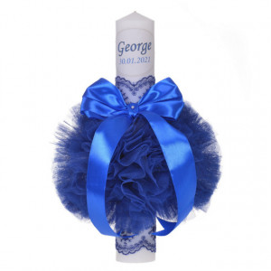 Set elegant trusou botez, cutie trusou si lumanare personalizata cu nume, decor dantela Albastra, Denikos® 939 - Img 3