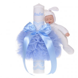 Set elegant trusou botez, cutie trusou si lumanare personalizata cu nume, decor dantela Bleu cu iepuras, Denikos® 949 - Img 3