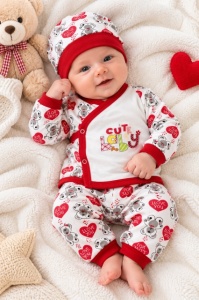 Set nou-născut bebe 5 piese, alb cu roșu, imprimeu ursuleți și inimioare, bluză, pantaloni, căciuliță, bavetă și mănuși - Img 2