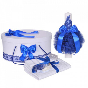 Set trusou botez, cutie trusou si lumanare, decor elegant dantela Albastra, Denikos® 921