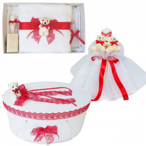 Set Ursuleti trusou botez, cutie trusou si lumanare, decor Rosu, Denikos® 578
