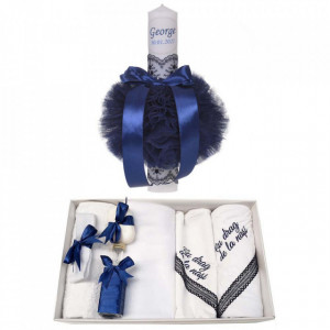 Trusou botez cu mesaj si lumanare botez personalizata, decor bleumarin, Denikos® 786