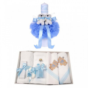 Trusou botez ursulet si lumanare pentru baietel, bleu, Denikos® 97