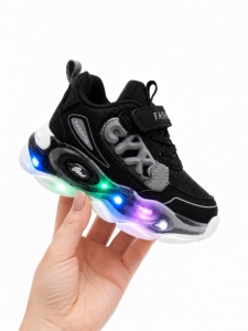 Adidasi cu lumini Led, Model Cyx, Baieti, Piele ecologica, Negru