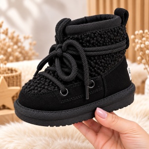 Cizme negre imblanite pentru fete SuperBaby din piele ecologica, talpa cauciuc, cu siret si fermoar, peste glezna, casual