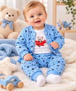Costum bebe băieți 3 piese albastru cu imprimeu stelute și ursuleț din bumbac moale Superbebe Shop - Img 3