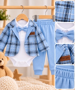 Costum bebeluși băieți 3 piese albastru cu sacou în carouri, pantaloni și papion din bumbac moale, Superbebe Shop