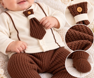 Costumas bebelusi 5 piese maro si crem cu papion, bumbac 100% Superbebe Shop - Img 2