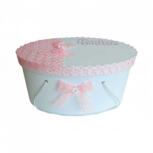 Cutie trusou botez pentru fetita, personalizata, decor dantela roz, Denikos® 217
