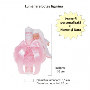 Lumanare botez cu iepuras, personalizata si trusou botez in landou, decor Roz cu floricele, Denikos® 799 - Img 4