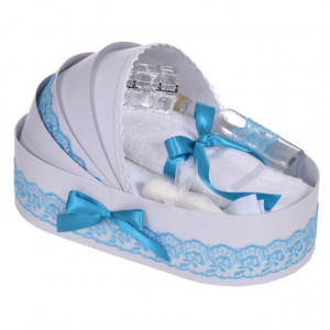 Lumanare botez cu iepuras pufos si trusou botez in landou, decor dantela Turcoaz, Denikos® 861 - Img 3