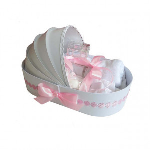 Lumanare botez personalizata si trusou botez in landou, decor Roz cu floricele, Denikos® 776 - Img 3