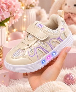 Pantofi sport cu luminite, Model Pearl, Piele ecologica, Fete, Alb - Img 3