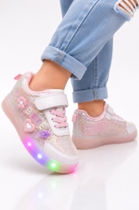 Pantofi sport cu luminite si sclipici, Model Premium Style, Piele ecologica, Fete, Roz