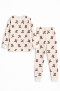 Pijama copii 2 piese alba, bumbac, imprimeu ursuleti, set pentru somn
