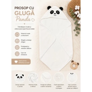 Prosop cu Glugă pentru Copii și Bebeluși Alb – Model Panda - Moale și Absorbant - Img 3