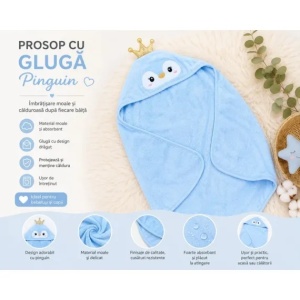 Prosop cu Glugă pentru Copii și Bebeluși Albastru – Model Pinguin - Moale și Absorbant - Img 4