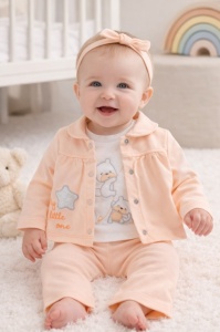 Set bebe fete 3 piese piersica jacheta bluza cu imprimeu si pantaloni