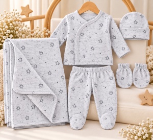 Set bebeluși 5 piese gri cu model stelute, bumbac 100%