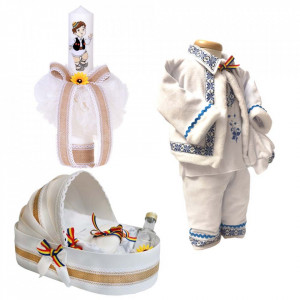 Set botez traditional baietel, trusou botez landou, lumanare si costum national baiat, Denikos® 967