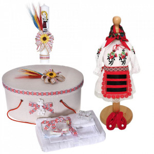 Set costum rochita traditionala, trusou botez, cutie trusou si lumanare, decor national, Denikos® C9103