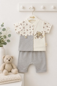 Set din doua piese pentru bebelusi, bumbac, maimutica brodata, Babyim, gri - Img 2