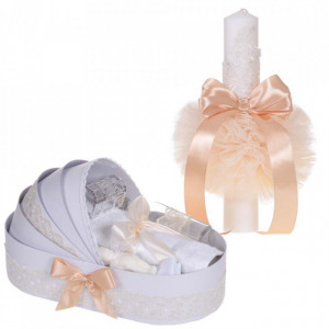 Set elegant lumanare botez si trusou botez in landou, decor dantela Crem, Denikos® 887