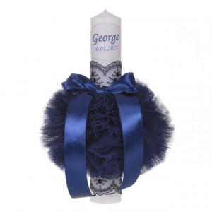 Set elegant trusou botez, cutie trusou si lumanare personalizata cu nume, decor dantela Bleumarin, Denikos® 936 - Img 3