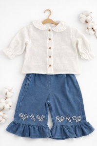 Set fete 2 piese bluza alba brodata pantaloni albastri evazati casual - Img 4